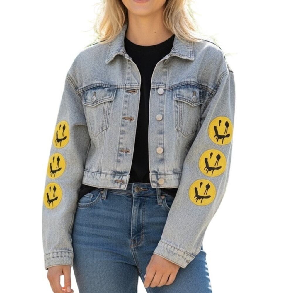 Azalea Wang Jean Jacket L Blue Denim Cropped Joker Smiley Goth Grunge Streetwear